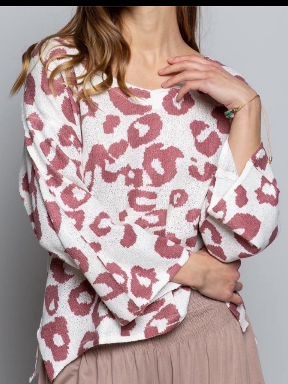 POL Raspberry Leopard soft knit oversized top lightweight slub knit sweater